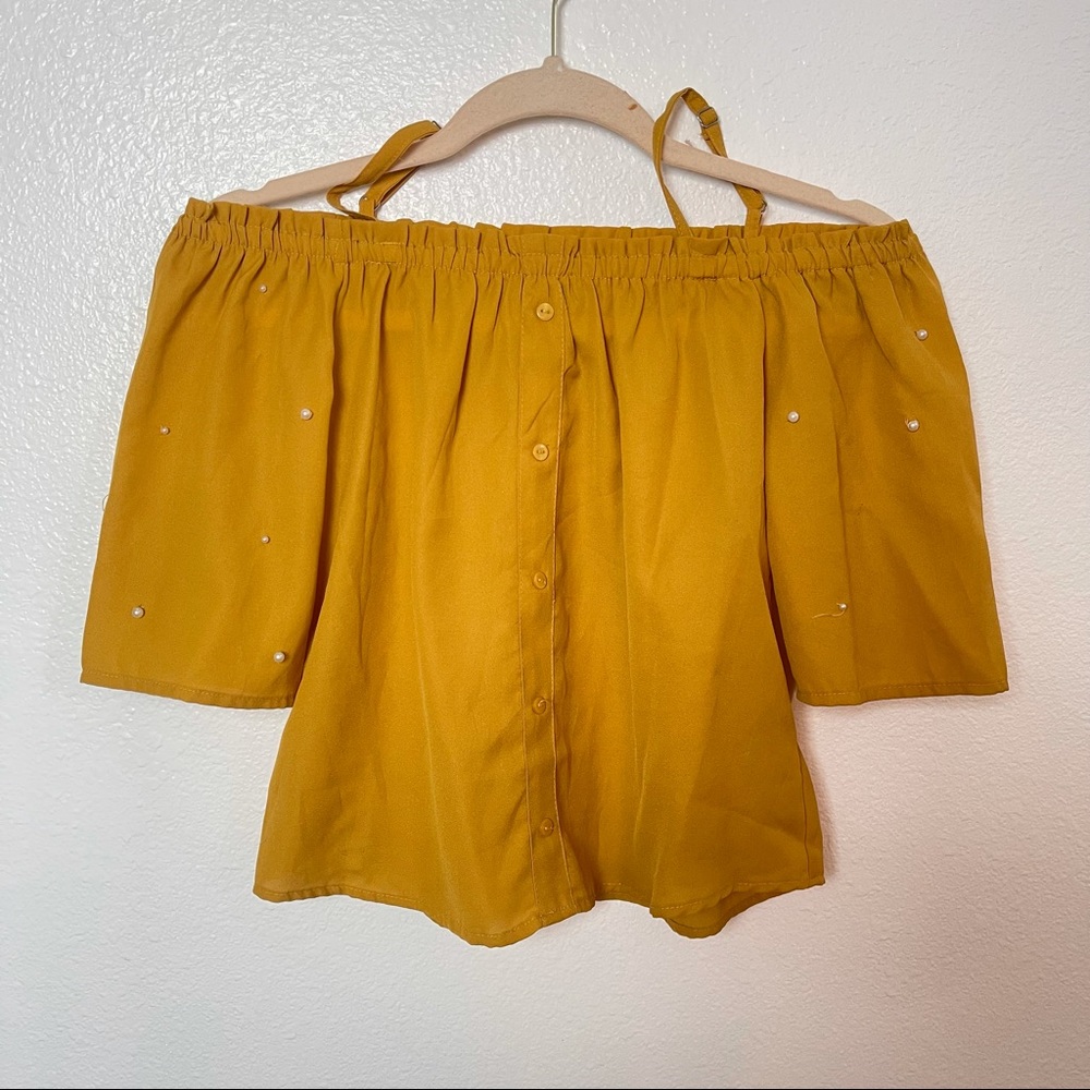 Speed limit mustard off shoulder blouse with pearl accents size L